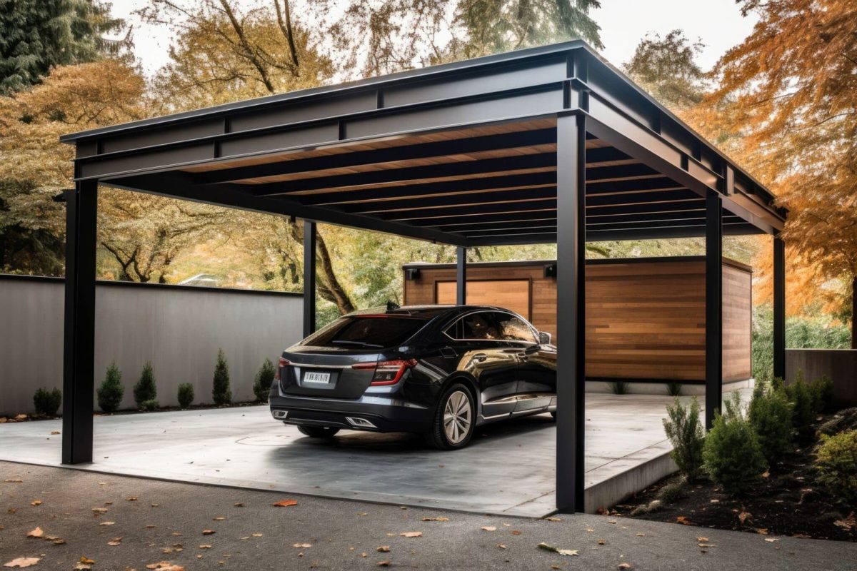 Carport abritant une voiture devant une maison